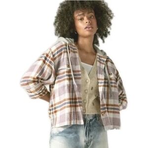 Lucky Brand Hooded Flannel Shacket Woman Sz XL Purple Plaid Cropped Shirt Jacket